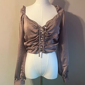 Like New Love Tree Satin Lace Up Blouse